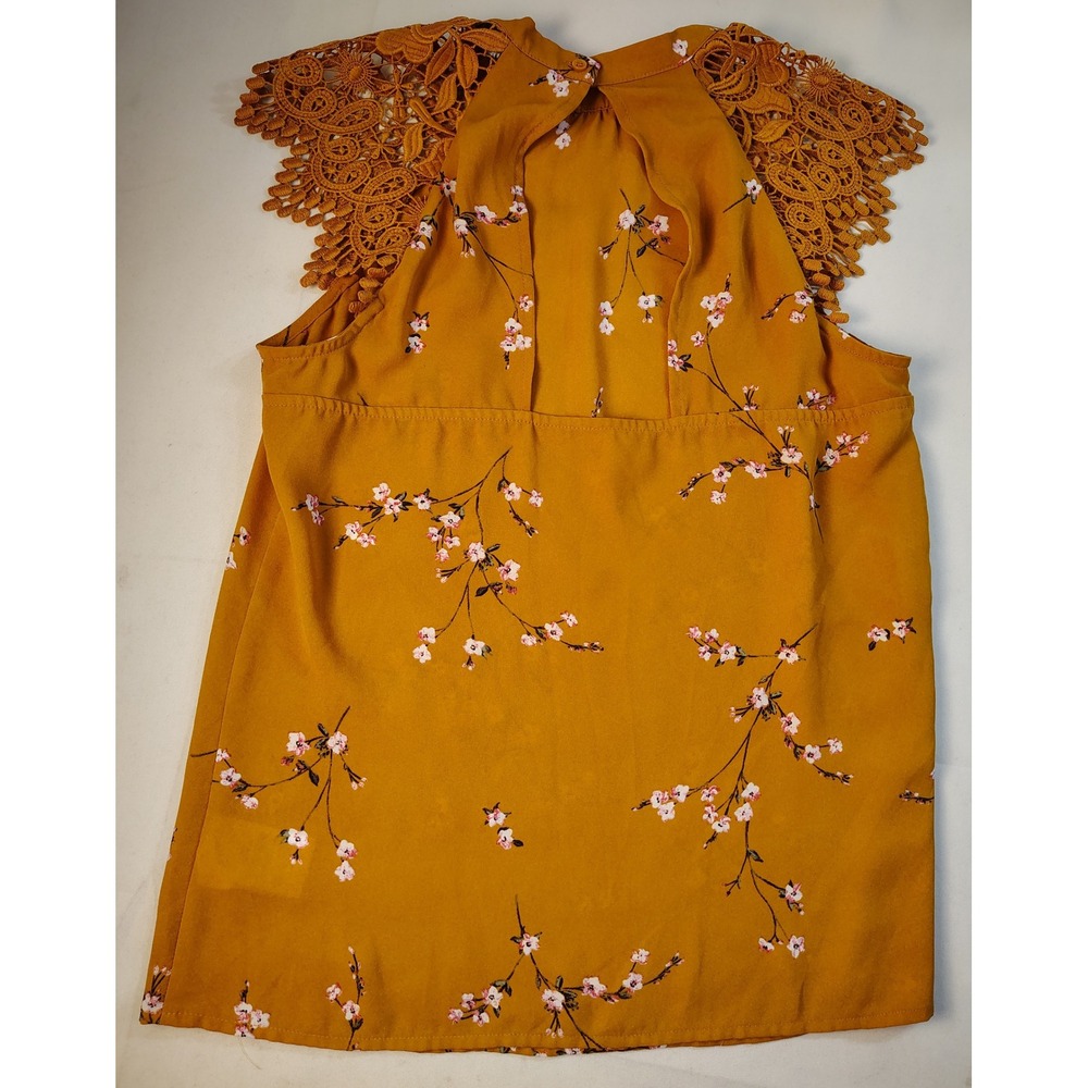 Express Blouse Womens XS Mustard Yellow Floral Crochet Lace Shoulder Sleeveless